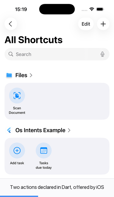 Running a Dart-declared action from the iOS Shortcuts app: iOS asks for the missing parameter, runs the handler in the background, and never shows the app.